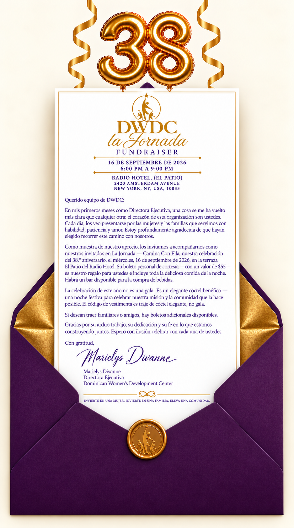 Invitación a La Jornada — Camina Con Ella, la recaudación del 38.º aniversario de DWDC el 16 de septiembre de 2026, de 6:00 a 9:00 PM, en el Radio Hotel, El Patio, 2420 Amsterdam Avenue, Nueva York, NY 10033.